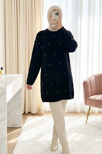 Modamorfo Stone Detailed Diamond Pattern Bearded Knitwear Tunic - Black