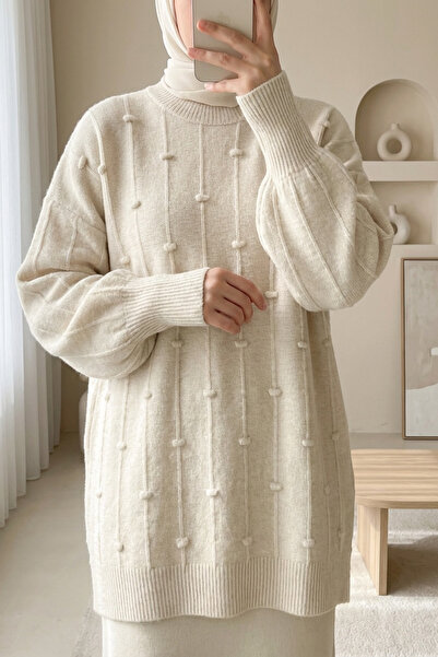 Modamorfo Soft Knitwear Sweater with Side Slits and Pompoms - Cream