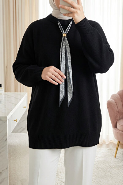 Modamorfo Round Neck Scarf Loose Knitwear Tunic - Black