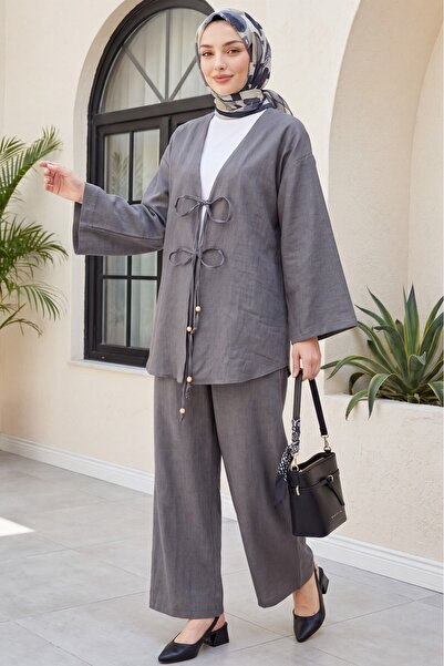 Modamorfo Double-Tied Front Kimono Suit with Pants - Anthracite