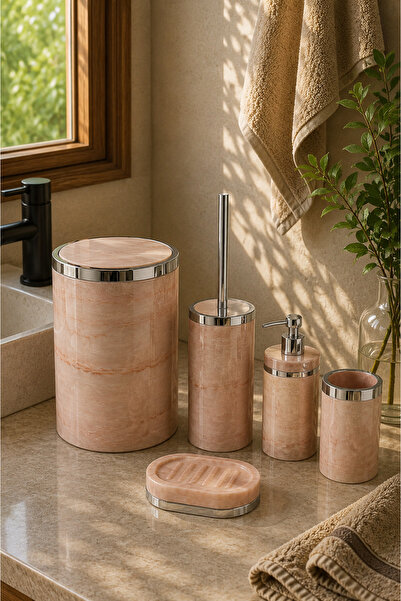 TrendBanyoMutfak 5 Piece Marble Pattern Silver Bathroom Set / WC Brush Holder...