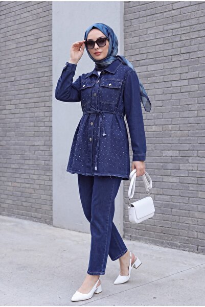 Modamorfo Stoned Buttoned Jacket Trousers Jeans Set -Laci