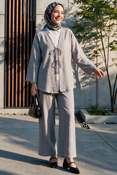 Modamorfo Kimono Suit with Double Tie Front Trousers - Gray