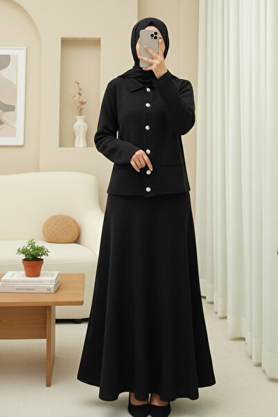 Modamorfo Buttoned Front Skirt and Collared Knitwear Set - Black