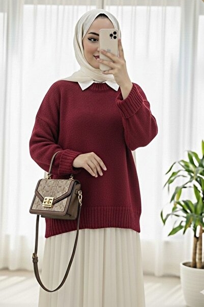 Modamorfo Crew Neck Skirt Ribbed Loose Knitwear Sweater -Claret Red