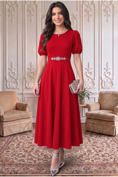ALFUDO Moda Collection Kırmızı Karpuz Kollu Midi Boy Abiye Mezuniyet Elbise