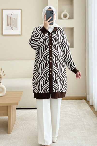 Modamorfo Buttoned Zebra Pattern Bearded Knitwear Cardigan - Brown