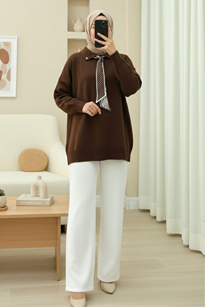 Modamorfo Polo Collar Scarf and Slit Casual Knitwear Tunic - Brown