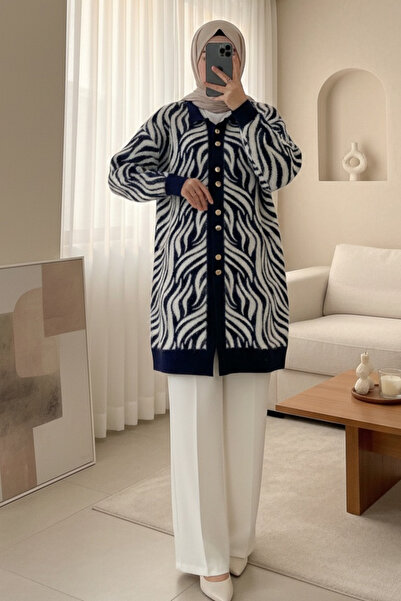 Modamorfo Buttoned Zebra Pattern Bearded Knitwear Cardigan -Laci