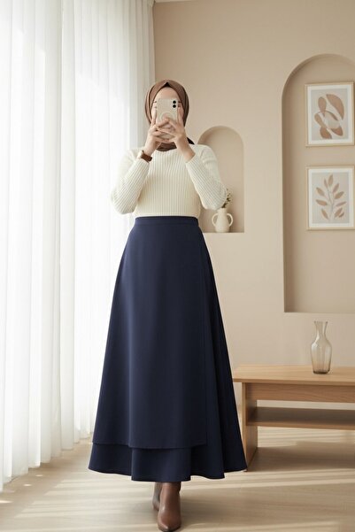 Modamorfo Cross-Front Double Layer Scuba Skirt - Navy