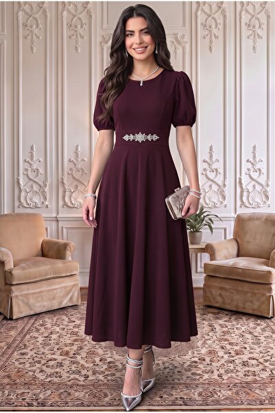 ALFUDO Moda Collection Plum Watermelon Sleeves Midi Length Evening Dress Grad...