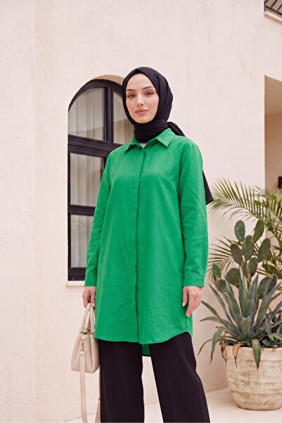 Modamorfo Oval Cut Long Shirt with Hidden Buttons - Green