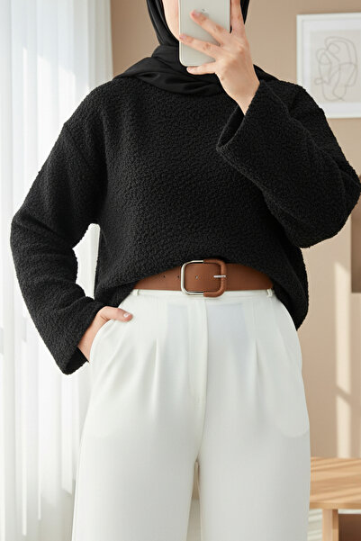 Modamorfo Thick Belted Boucle Sweater -Black