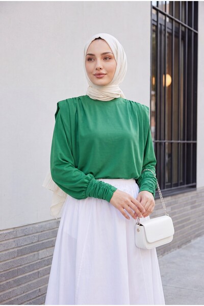 Modamorfo Sleeve Drawstring Blouse with Padded Shoulders -Green