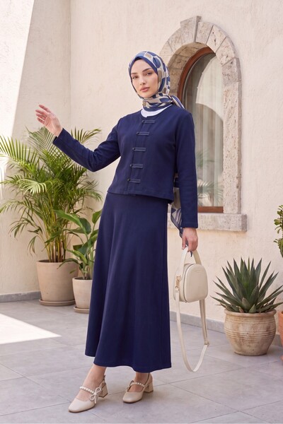 Modamorfo Leather Detailed Skirted Thessaloniki Suit with Buttons on the Fron...