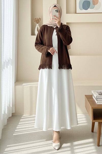 Modamorfo Single Button Fringed Soft Knitwear Cardigan - Brown