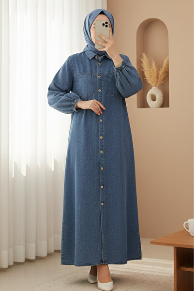 Modamorfo Buttoned Sleeve Denim Dress with Elasticated Pockets - Ice Blue
