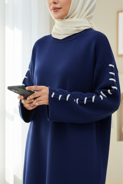 Modamorfo Striped Knit Tunic with Drawstring Sleeves - Navy