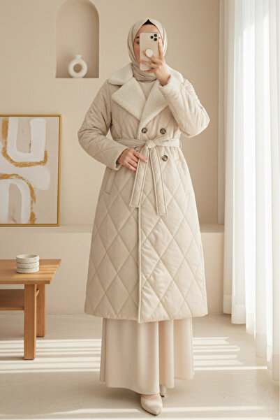 Modamorfo Quilted Coat with Collar and Plush Lining Inside, Belted Waist and ...
