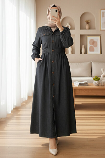 Modamorfo Denim Dress with Elasticated Cuffs, Button-Down Closure, and Double...