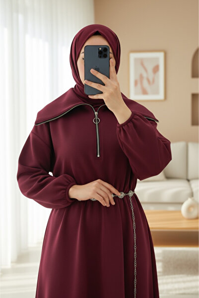 Modamorfo High-Necked Half-Zippered Gathered Waist Belted Scuba Dress - Burgundy