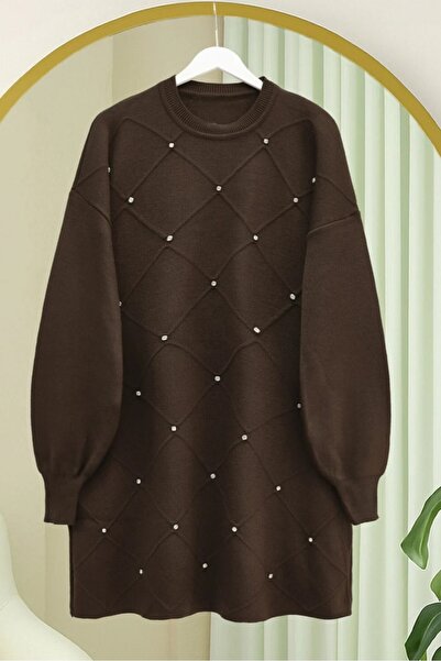 Modamorfo Stone Detailed Square Patterned Knitwear Tunic - Brown