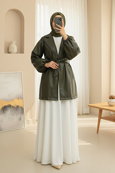 Modamorfo Balloon Sleeve Belted Leather Jacket - Khaki