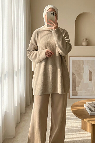 Modamorfo Bearded Long Loose Knitwear Tunic - Mink