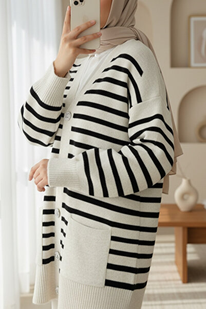 Modamorfo Double Pocket Striped Knitwear Cardigan -Stone