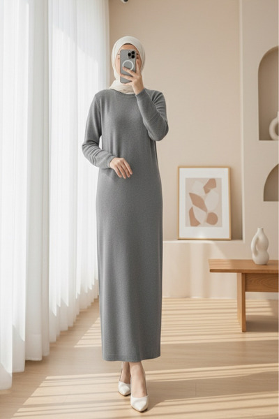 Modamorfo Elastic Sleeves, Pompom Detailed Knitwear Dress - Smoked