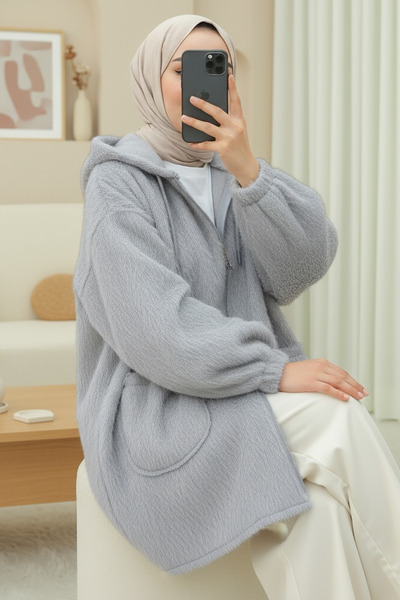 Modamorfo Hooded Pocket Zippered Bearded Cap -Gray