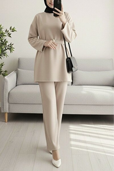 Modamorfo Round Neck Belted Waist Scuba Suit - Beige