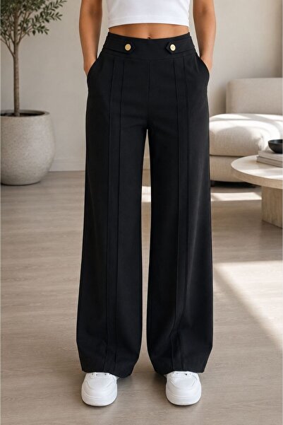 Maison La Femme Women's Wide Leg Pants with Hidden Zipper and Epaulet Belt