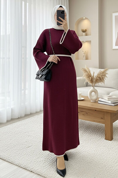 Modamorfo Embroidered lace-up knit dress with hem and sleeves - burgundy