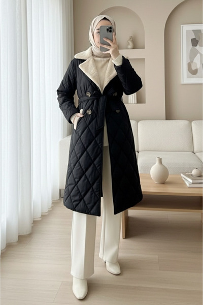 Modamorfo Fur Collar, Belted Waist, Buttoned, Lined, Quilted Coat - Black