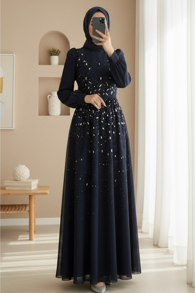 Modamorfo Lined Tulle Evening Dress with Stone Detail on the Front - Navy Blue