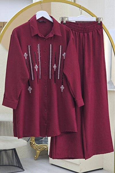 Modamorfo Sofia Linen Suit with Buttoned Front Sequined Trousers - Burgundy