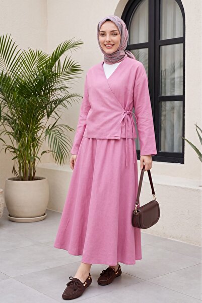 Modamorfo Linen Look Suit with Side Tie Skirt - Pink