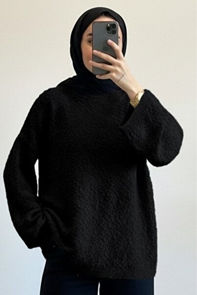 Modamorfo Pompom Textured Casual Knit Sweater - Black