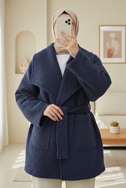 Modamorfo Wide Collar Belted Waist Pocketed Cashmere Coat - Navy