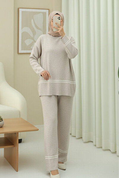 Modamorfo Skirt and Sleeve Striped Knitwear Set - Stone