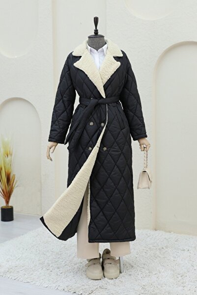 Modamorfo Front Buttoned Sheepskin Lined Quilted Coat - Black
