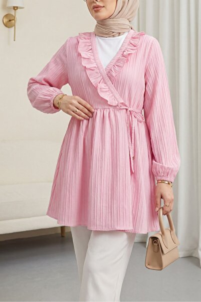 Modamorfo Ruffled Front Lace-Up Sleeve Elastic Kimono -Powder