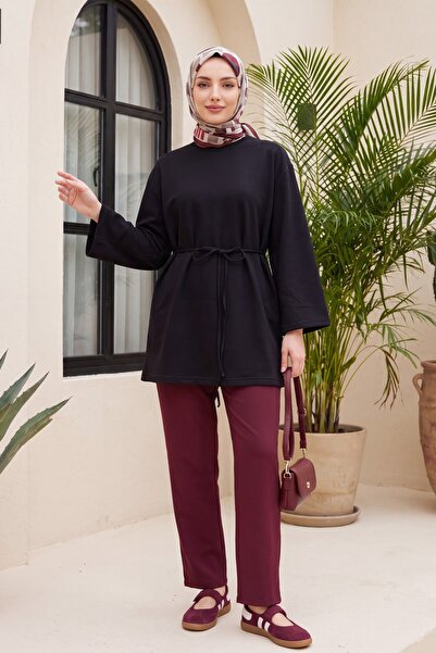 Modamorfo Double Pocket Elastic Waist Pants with Lace Detail - Burgundy