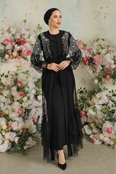 Modamorfo Kolları İncili Taşlı İkili Abaya Takım -Siyah
