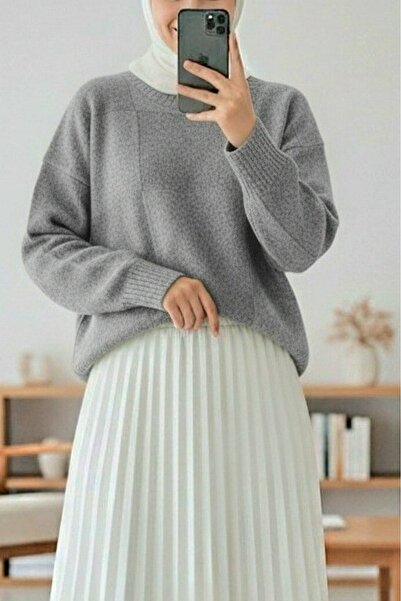 Modamorfo Square Patterned Round Neck Soft Sweater - Light Gray