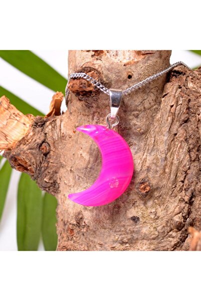 Taş Sandığı Moon Shaped Pink Agate Stone Necklace - Small Size