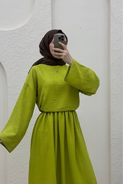 Modamorfo Crew Neck Blouse Skirt Linen Set -F.Green