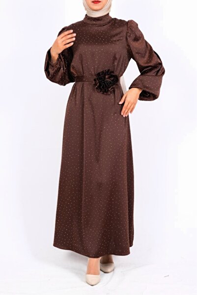 Modamorfo Balloon Sleeve Belted Stone Satin Dress - Brown