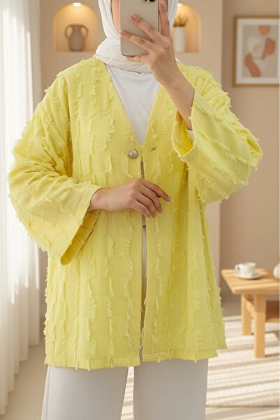 Modamorfo Fringed Single Button Square Patterned Kimono -Yellow
